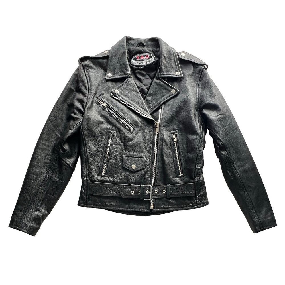 YAS Black Genuine Pebbled Leather Heavyweight Motorcycle Jacket for Women US-14